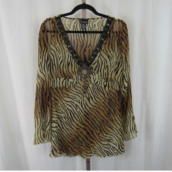 NY Collection Large Tiger Striped Semi Sheer Blouse V Neck Beaded Ombre Mobwife - Picture 1 of 7